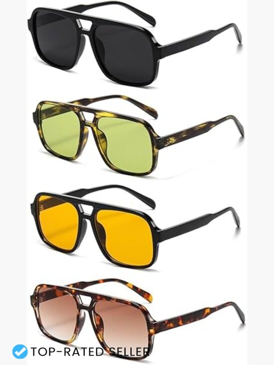 4 Pairs Retro 70s Square Aviator Sunglasses Oversized Vintage Double Bridge main image 5